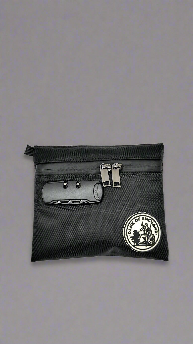 Black pouch with a logo on a white background